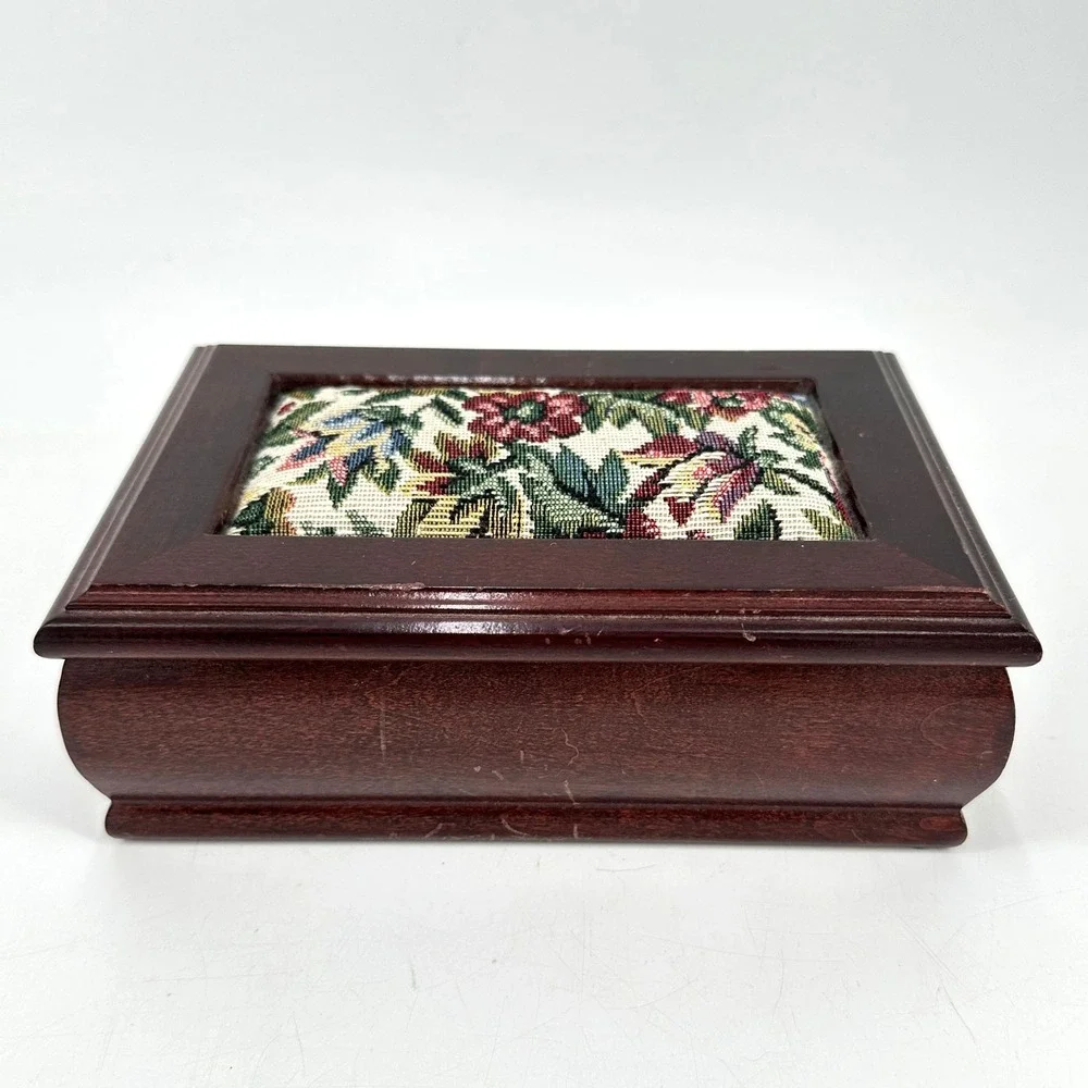 Vintage Floral Tapestry Wooden Jewelry Box Green‎ Velvet Lining Mirror Ring Roll